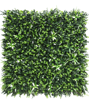 The Artificial Hedge Bonfire 100x100 cm UV is a square panel of dense, artificial green foliage with varied small foliage plants and spiky, variegated leaves against a plain white background.