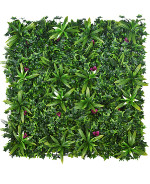 The Artificial Hedge Olivine 100x100 cm UV is a dense vertical garden panel with green leafy plants with small purple flowers, perfect for adding vibrant greenery to any space.