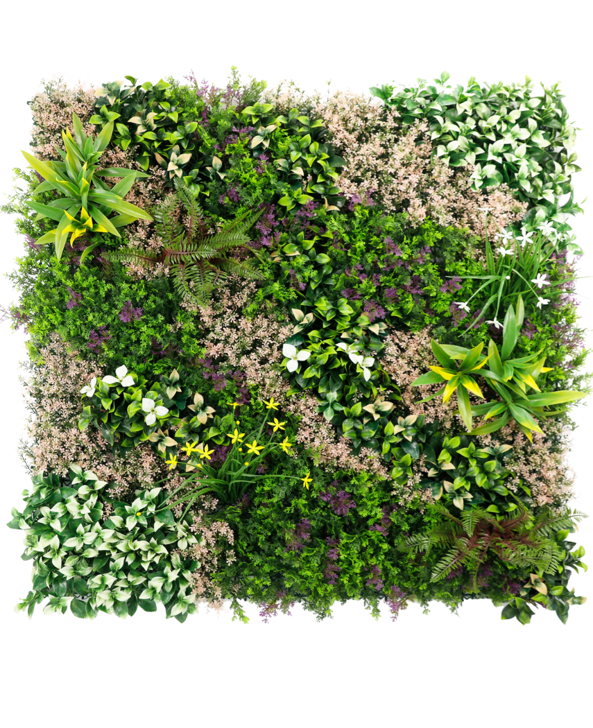 The Artificial Hedge Pinky Love 100x100 cm UV is a square vertical garden with a dense mix of green leaves with pink accents, arranged in a natural pattern on a white background.