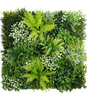 The Artificial Hedge Cloe 100x100 cm UV is a square vertical garden with a mix of lush green plants and ferns with varied leaf shapes, sizes and shades for a dense, structured and lively foliage wall.