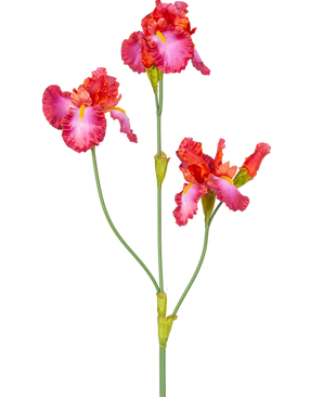 The Artificial Flower Iris 102 cm red has a stem with three vibrant pink and red flowers with yellow and white accents. The green stems and buds are visible against a plain white background.