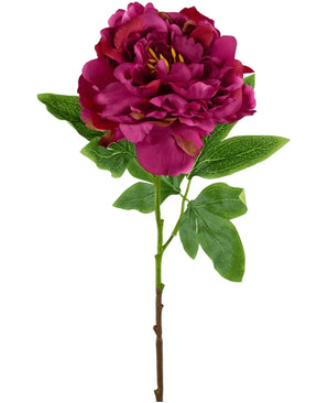 The Artificial Flower Peony 61 cm pink is a single artificial flower in the shape of a peony in dark pink with layered petals and green leaves on a brown stem, depicted against a white background.