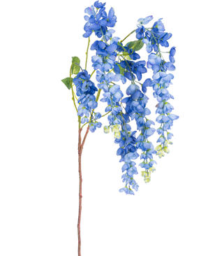A single 115cm Artificial Wisteria stem with vibrant wisteria flowers and green leaves on a long, slender brown stem, isolated on a white background.
