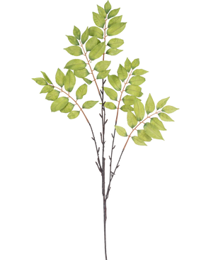 Watercolor illustration of Artificial Branch Fern branched 83 cm green, with a slender brown branch with three stems and clusters of vibrant green leaves on a white background.