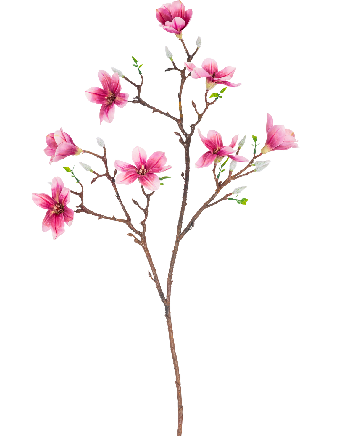 The Artificial Branch Magnolia small flowered 89 cm pink has a branch with several blooming pink magnolia flowers and green leaves, perfect for decorative use.