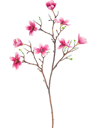 The Artificial Branch Magnolia small flowered 89 cm pink has a branch with several blooming pink magnolia flowers and green leaves, perfect for decorative use.