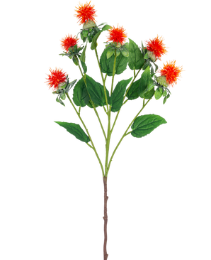 The Artificial Flower Safflower 79 cm orange has a single stem with multiple branches, each with wispy orange-red and yellow flowers with green leaves, against a white background.