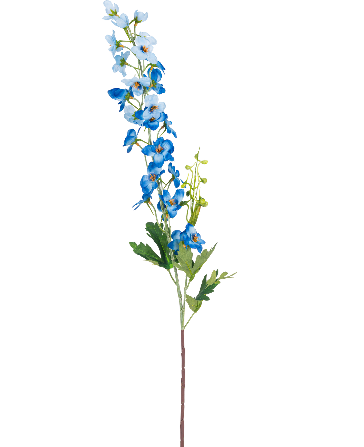 The Artificial Flower Delphinium 79 cm blue has a single long stem with blue flowers in bunches and green leaves against a white background. The flowers range from light to deep blue along the top of the stem.
