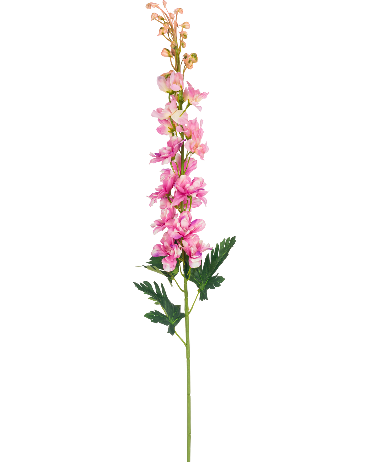 A single Artificial Flower Delphinium 79 cm pink flower with green, deeply lobed leaves, isolated on a white background.