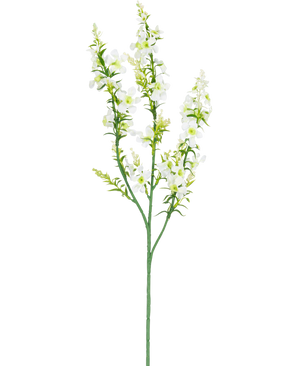 The Artificial Flower Catnip 75 cm white has a single green stem with multiple branches of small white flowers and yellow-green buds, isolated on a white background.