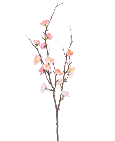 The Artificial Branch Prunus 78 cm pink has a single dark brown branch with smaller shoots, decorated with pink and white cherry blossom flowers and green buds, against a plain white background.