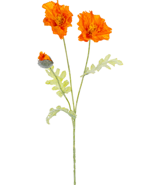 A botanical illustration of the Artificial Flower Poppy 73 cm orange shows two open orange flowers and a closed bud on long green stems with light green, deeply lobed leaves.