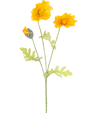 The Artificial Flower Poppy 73 cm yellow has a stem with three vibrant yellow artificial poppies, a closed bud and light green leaves, depicted against a plain white background.