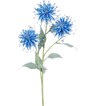 The Artificial Flower Scabiosa Japonica 70 cm blue has a single green stem with three blue, wispy artificial flowers and several green leaves, against a plain white background.