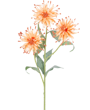 An Artificial Flower Scabiosa Japonica 70 cm peach stem with three orange artificial flowers, spiky petals and green leaves, pictured against a white background.