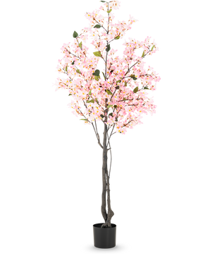 Artificial plant Bougainvillea 180 cm pink with several branches full of small pink flowers and green leaves in a simple black pot, against a white background.