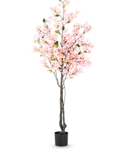Artificial plant Bougainvillea 180 cm pink with several branches full of small pink flowers and green leaves in a simple black pot, against a white background.