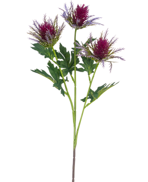 The Artificial Branch Thistle 67 cm purple has a single stem with three spiky, purple thistle-like flowers and irregular green leaves against a white background.