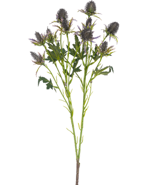 The Artificial Branch Thistle 68 cm blue has a single stem with multiple spiky blue thistle flowers and serrated green leaves, isolated on a white background.