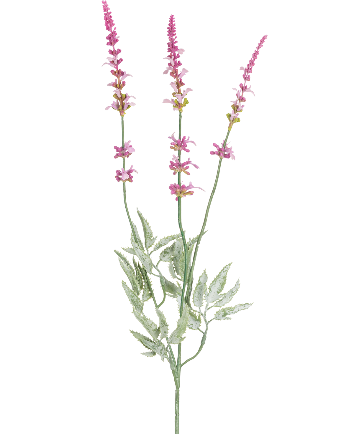The Artificial Branch Lavender 66 cm purple has a single stem with three high, slender spikes of small purple flowers and several green, serrated leaves against a white background.
