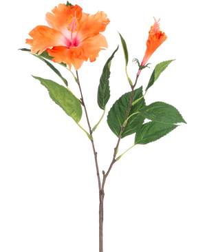 The Artificial Flower Hibiscus 64 cm orange has a single stem with green leaves and two orange flowers, one fully bloomed and one in bud form, on a white background.