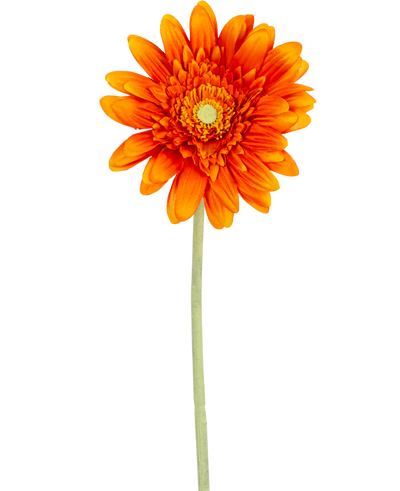 The Artificial Flower Gerbera 53 cm orange has a vibrant orange gerbera with layered petals and a yellow heart, on a long green stem against a plain white background.