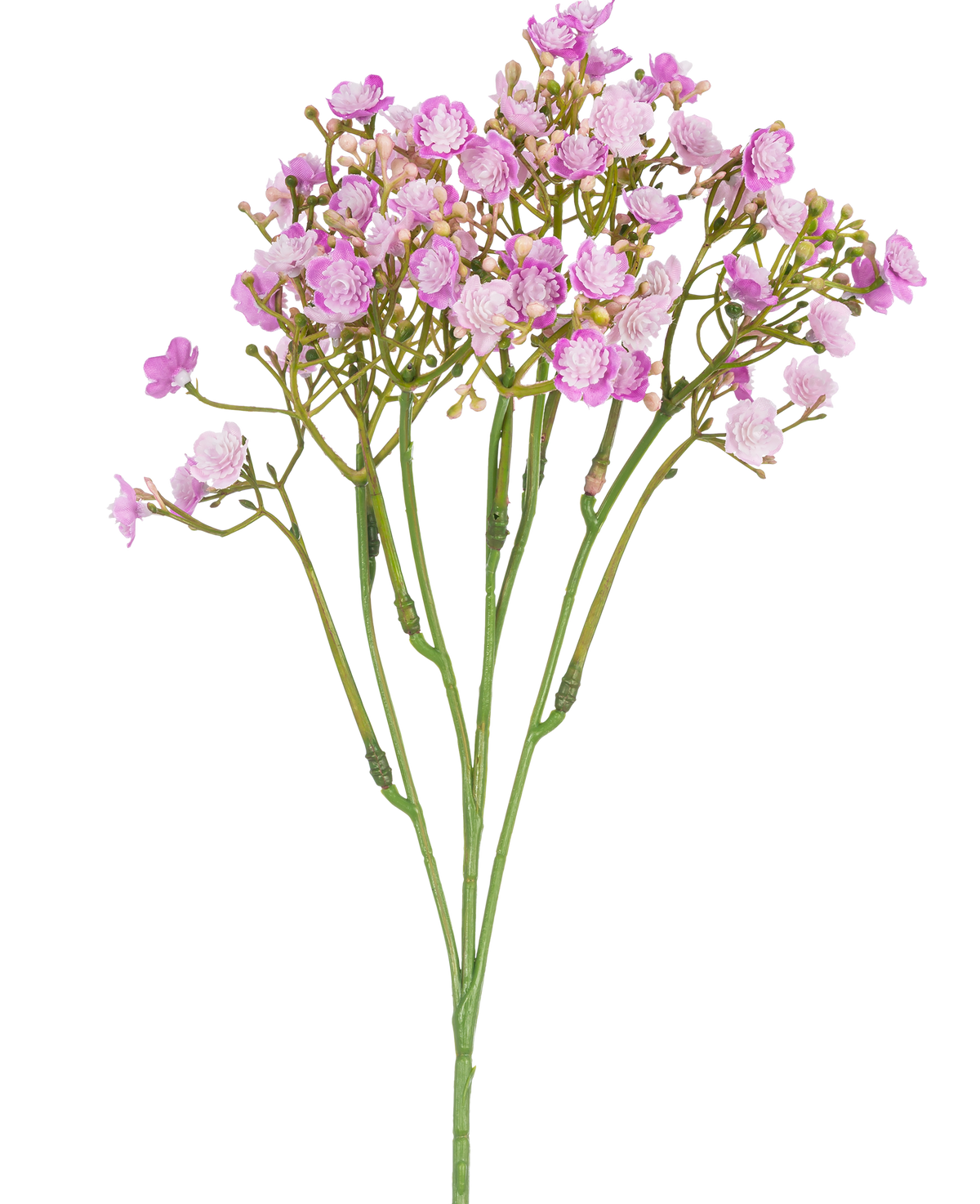 The Artificial Gypsophila Branch 46 cm pink has delicate pink baby's breath flowers with small, round petals on thin green stems, against a white background.
