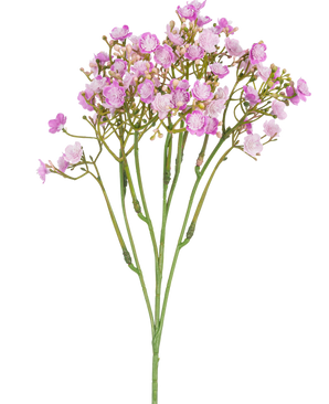 The Artificial Gypsophila Branch 46 cm pink has delicate pink baby's breath flowers with small, round petals on thin green stems, against a white background.