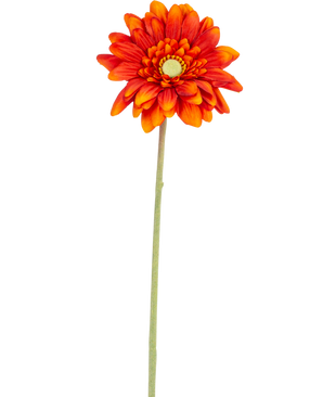 The Artificial Flower Gerbera mini 47 cm soft orange is an artificial daisy with layered petals, a yellow heart and a long green stem, isolated on a white background.