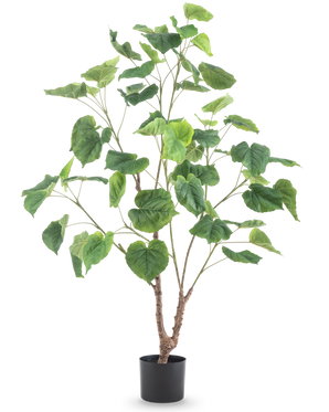 The Artificial Plant Ficus 120 cm is a tall artificial plant with several slender branches and large, heart-shaped green leaves, in a simple black pot against a white background.