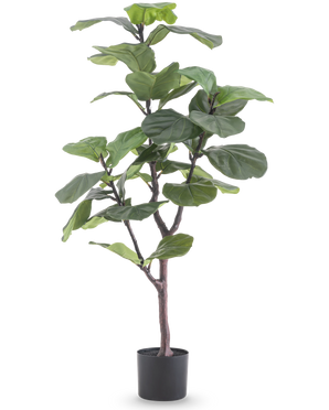 The Artificial Plant Ficus Tobacco Plant Deluxe 125 cm has large, glossy green leaves and a slender brown stem in a black pot, which adds an African atmosphere as a green houseplant against a white background.