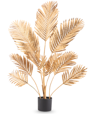 The Artificial Palm Areca gold 120 cm has metallic gold palm leaves in a black pot, against a plain white background.