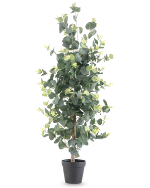 The Artificial Plant Eucalyptus 91 cm has high, realistic round green leaves and small yellow buds in a black pot, against a plain white background.