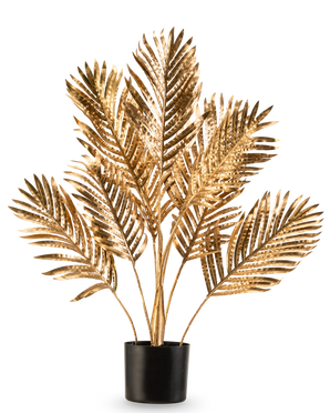 The Artificial Palm Areca gold 80 cm is a decorative pot plant with metallic gold palm leaves in a black pot, against a plain white background.
