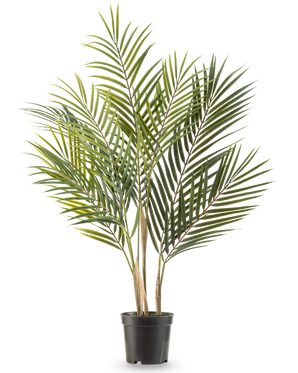 The Artificial Palm Chamaedorea 71 cm has long, slender green leaves and multiple trunks, making it look like a tall palm in a pot against a white background.