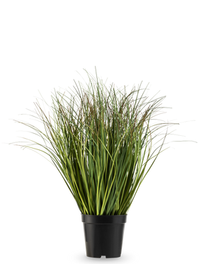 The Artificial Grass Plant dry green 50 cm fire retardant has long, thin green artificial blades in a simple black plastic pot, against a plain white background.