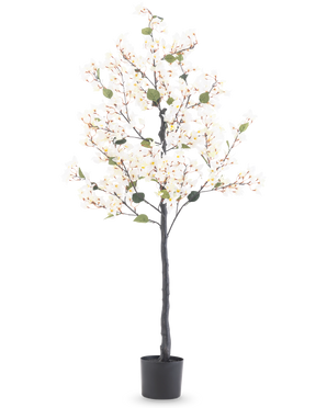 The Artificial Bougainvillea 150 cm white is a tall artificial tree with white blossom lights and green leaves, in a black cylindrical pot against a plain white background.