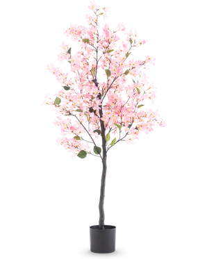 Artificial plant Bougainvillea 150 cm pink with pink flowers and green leaves in a black pot, isolated on white background.