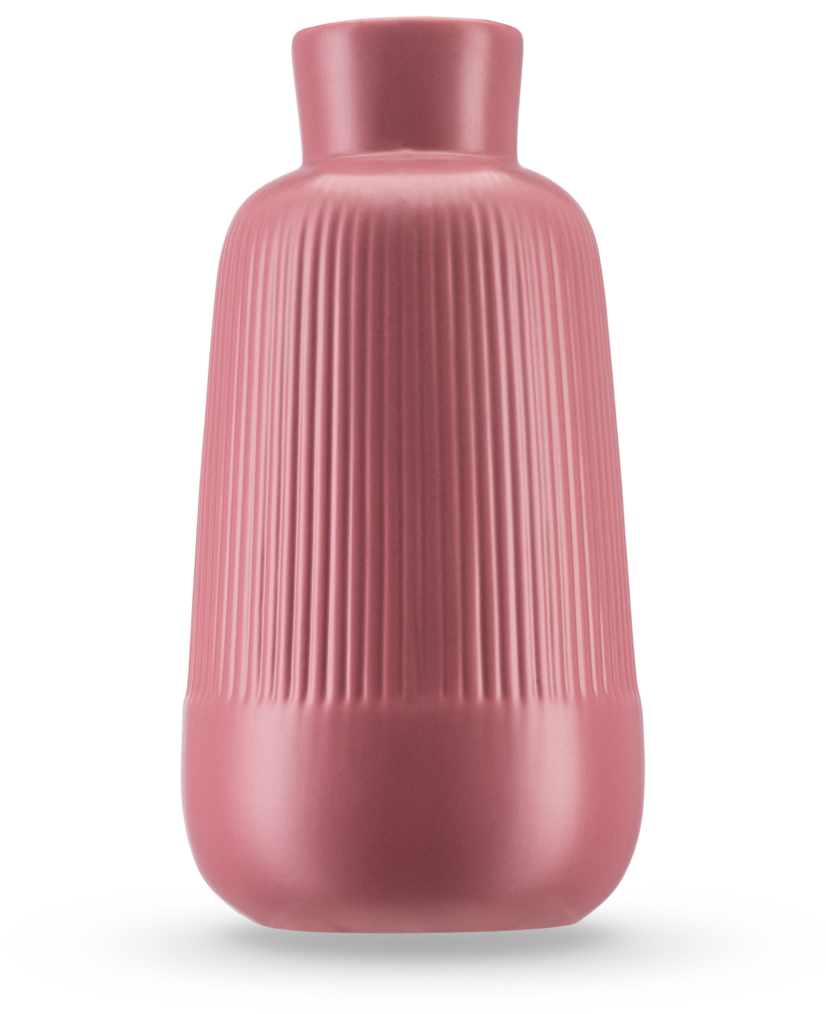 The Vase Notes 25 cm old pink has a matte ceramic finish, a wide body, narrow neck and vertical ribs at the top. The smooth round base and minimalist design make it ideal for presenting silk flowers.