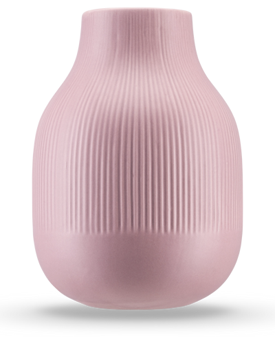 The Vase Botan 22 cm old pink is a light pink ceramic vase with a round base, narrow neck and vertical ribbed texture on the top half. The matte, smooth finish makes it ideal for modern furnishings.