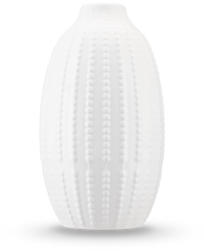 The Vase Little Flora 21 cm in off-white is a matte ceramic vase with a raised, sea urchin-inspired dotted pattern - ideal for artificial flowers - against a plain white background.