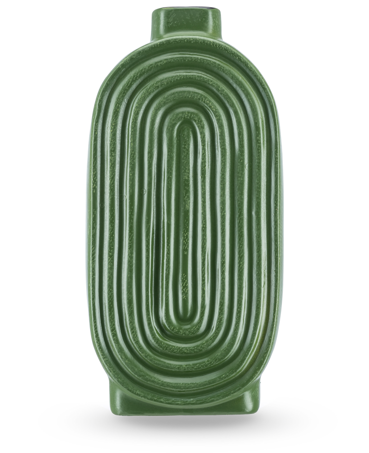 The Vase Breaths 24 cm green has an oval, ribbed shape and a small opening at the top, ideal as a ceramic vase for artificial flowers. Stands upright on a light background.