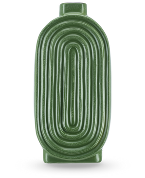 The Vase Breaths 24 cm green has an oval, ribbed shape and a small opening at the top, ideal as a ceramic vase for artificial flowers. Stands upright on a light background.