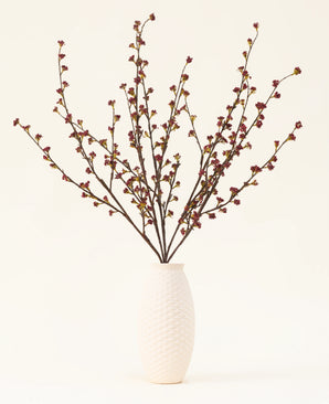 The Artificial Silk Flowers Bouquet Callicarpa Purple is arranged in a fan shape - perfect for autumn displays or to display vibrant purple silk flowers against a light background.