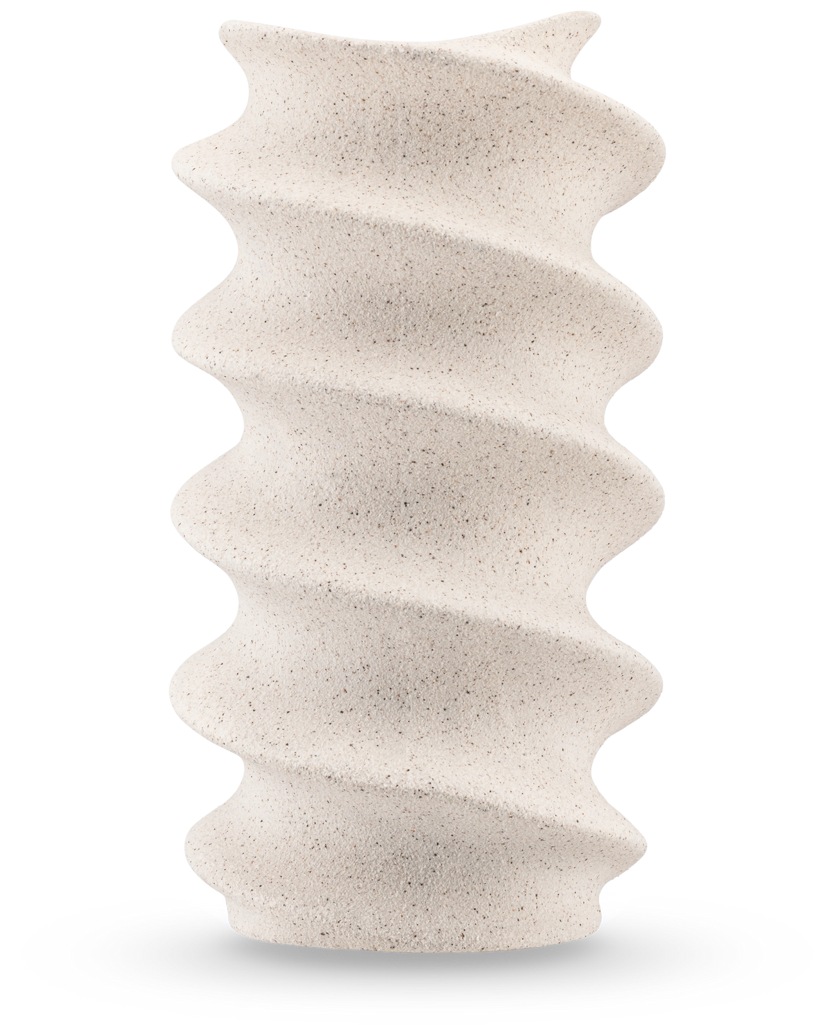 The Vase Tiny Forst 21 cm beige is a tall ceramic vase with texture, a beige, speckled surface and a wavy spiral design, ideal for displaying artificial silk flowers on a white background.