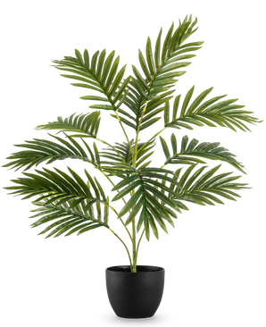 The Artificial Palm Phoenix 65 cm, with lush green leaves, stands in a sleek black decorative pot against a plain white background.