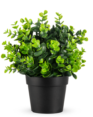 The Artificial Plant Green in pot UV 22 cm is a small, vibrant green artificial plant with dense, round leaves in a simple black pot, depicted against a plain white background.