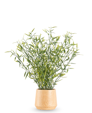The Artificial Plant Bamboo 43 cm has green-leaved bamboo with slender stems in a light wooden pot, against a plain white background.