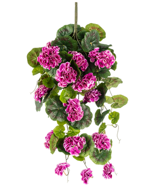 The Artificial Hanging Plant Geranium 75 cm purple has lush green leaves and clusters of vibrant purple-magenta flowers with white edges, which gracefully fall down a vertical stem for a beautiful hanging display.