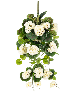 The Artificial hanging plant Geranium 75 cm white is an artificial hanging plant with bunches of white flowers and green leaves, vertical against a plain white background.